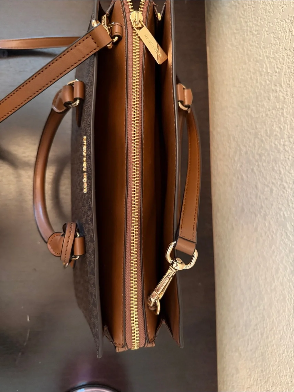 Michael Kors Brown Logo Satchel with Gold Hardware